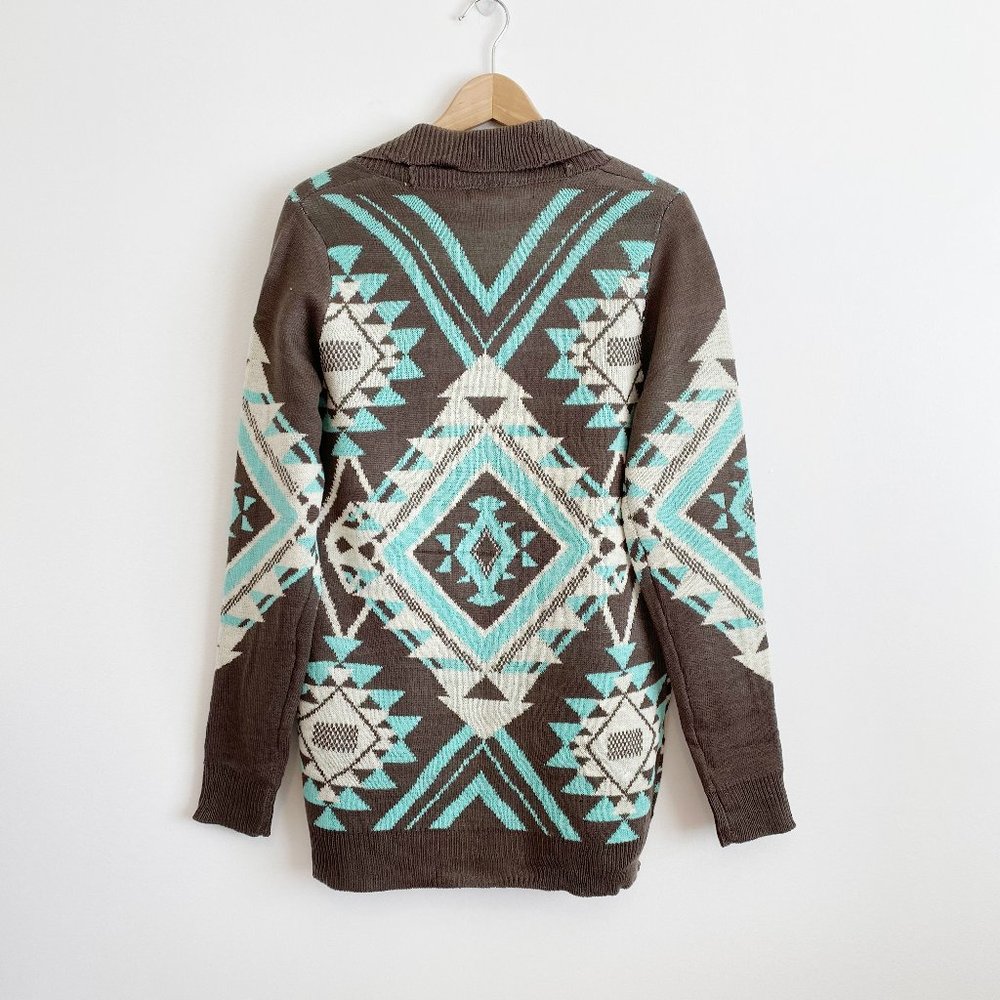Eddie Bauer, NWOT, Women's Aztec Lightweight Open Cardigan, Teal/Brown, Large - Picture 5 of 9